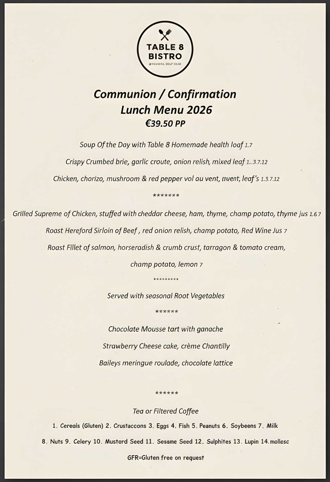 Confirmation Menu & Communion Menu in Youghal | Reservations | Table8
