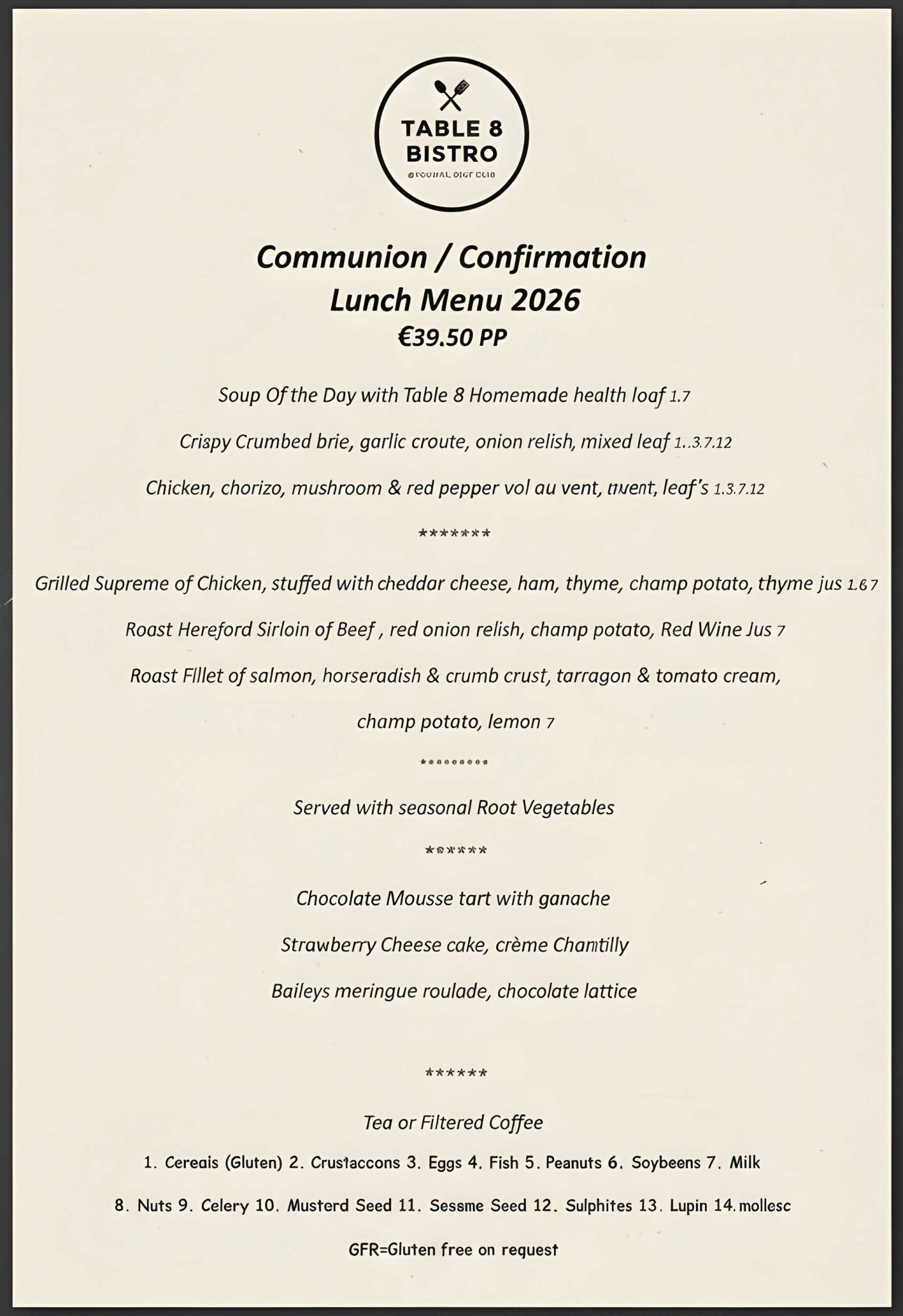 Confirmation Menu & Communion Menu in Youghal | Reservations | Table8